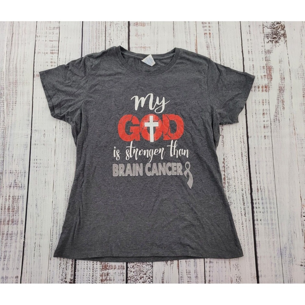 My God Is Stronger Than Brain Cancer Gray Short Sleeve Tee Women's L